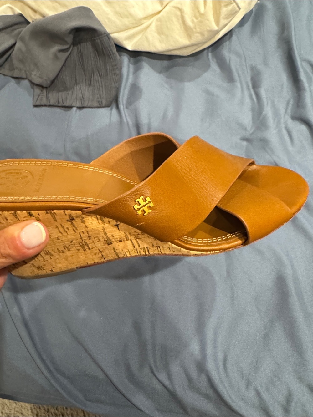 Tory Burch Cognac Leather Cork Wedge Slide